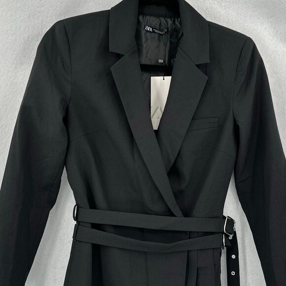 NWT Zara Black Box Pleat Belted Long Sleeve Collared Mini Blazer Dress Size XS - Picture 2 of 11